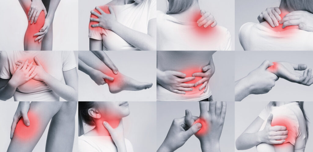 collage of a woman experiencing pain in all parts of her body, with the painful spots highlighted in red